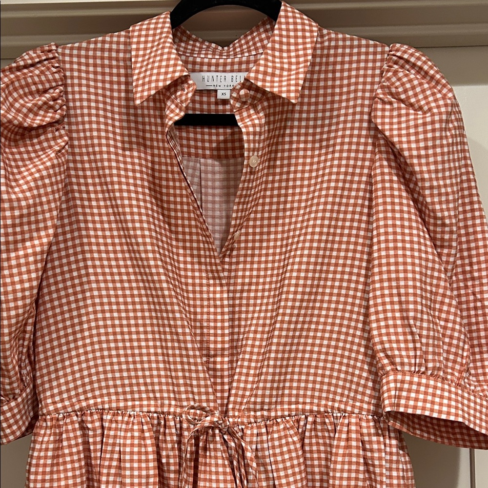 HUNTER BELL Rust & White Gingham Puff-Sleeve Tie-Waist Dress